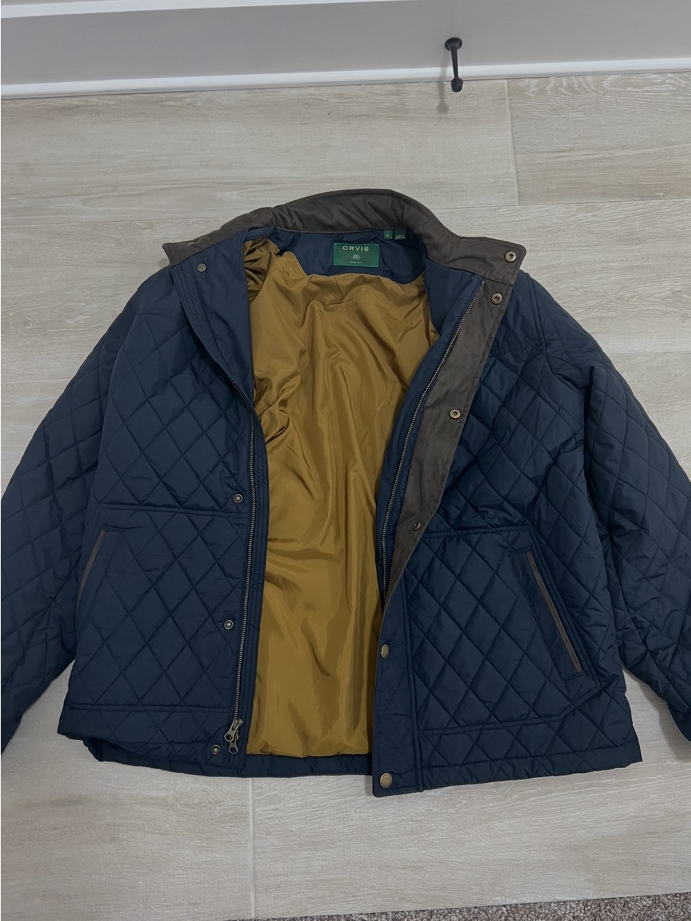 Orvis Quilted Navy Performance Jacket with Mustard Lining
